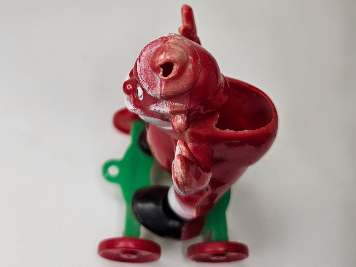 1950's Rosbro - Santa On Wheels Pull Toy and Candy Container - Hard Plastic Santa Candy Container -  Missing  Christmas stocking on Rt Hand