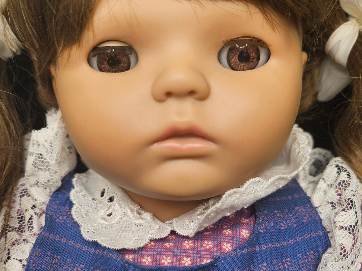 Gotz Dolls- 19" West German Girl Doll - with Original Box+ Instructions- Blue Plaid Dress with Lace Trim - Brown Hair / Brown eyes- Modell